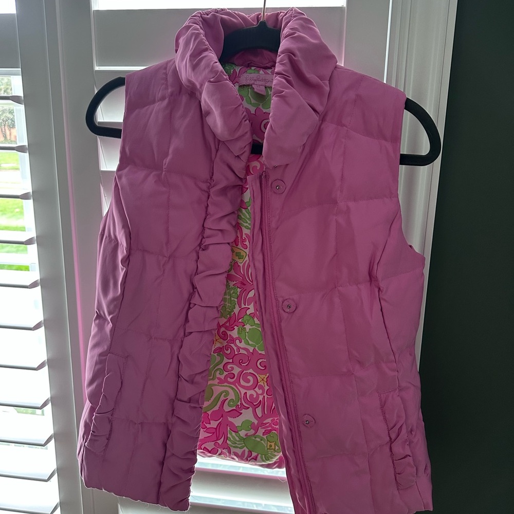 Pink Puffer Vest with Ruffle Trim